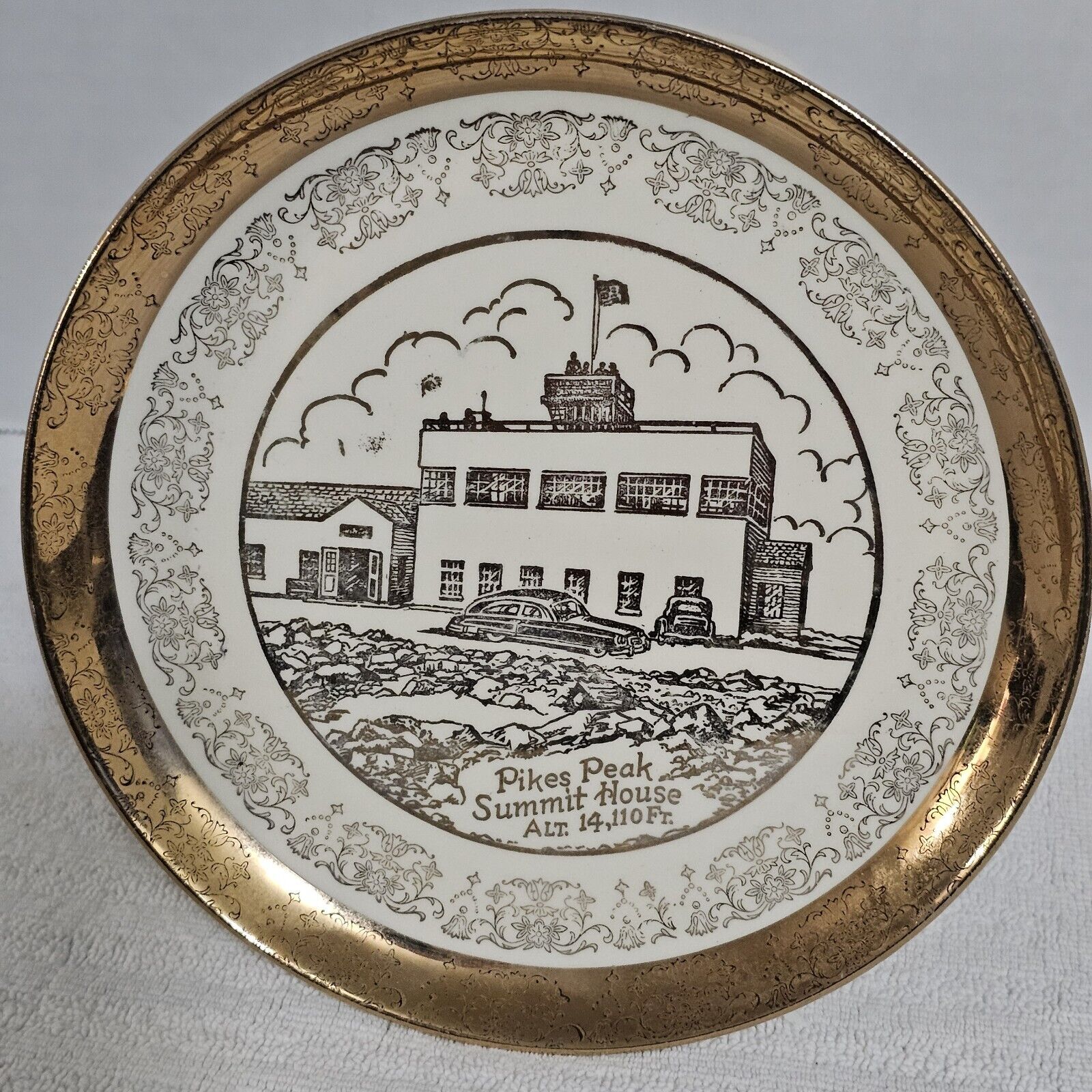 Vintage PIKES PEAK Summit House Colorado Plate - 1940's - gold gilt
