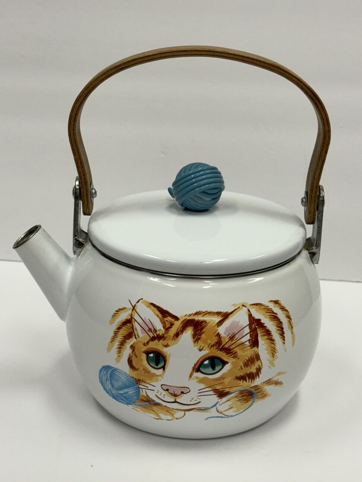 Vintage Cat Hand Painted Enamel Metal Tea Kettle