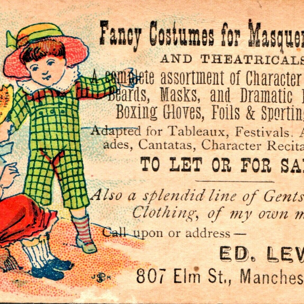 c1880s Manchester, NH Fancy Costumes for Masquerade Ball Trade Card Ed Leveen C4