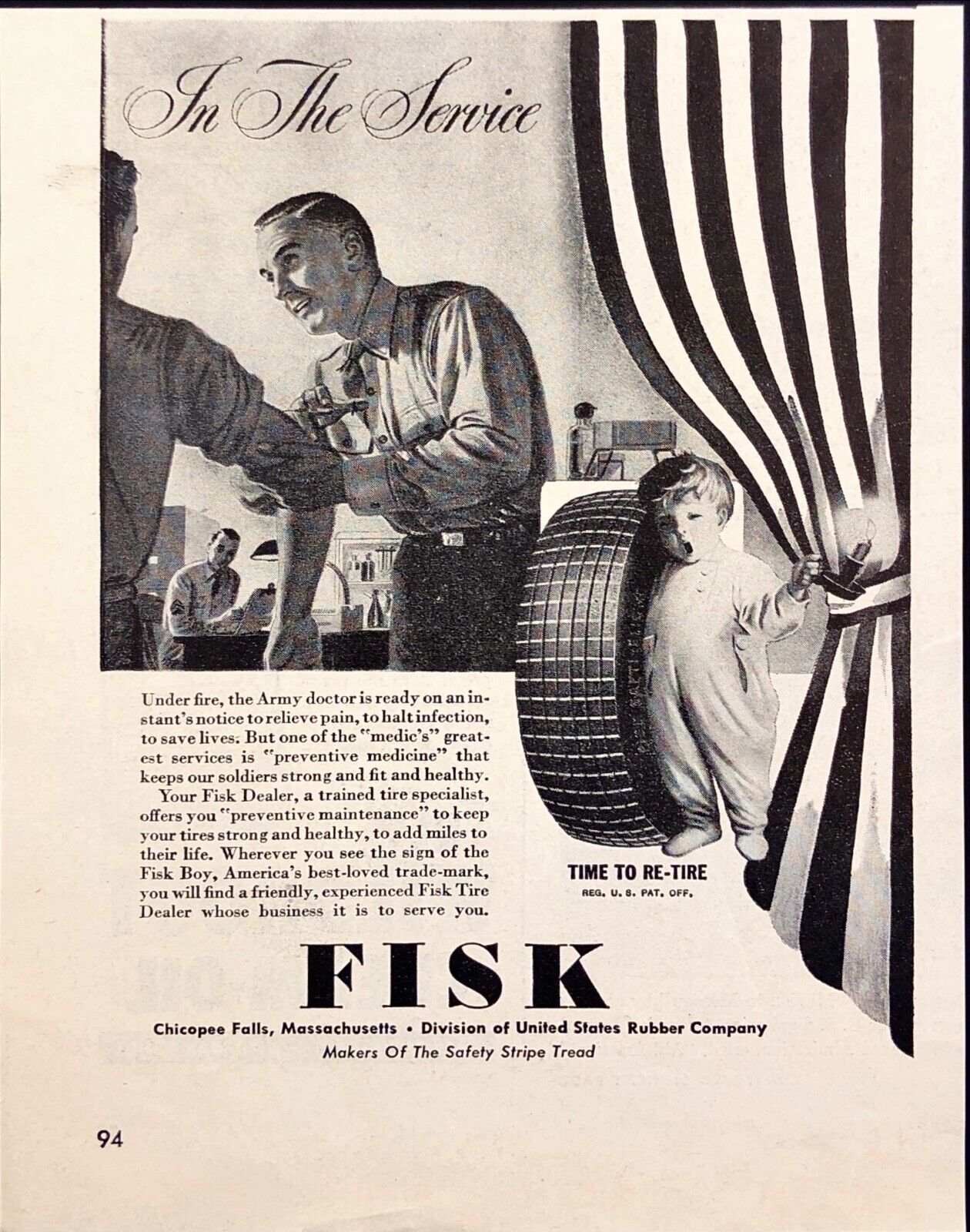 1943 Fisk Tires In The Service Army Doctor Chicopee Falls MA Vintage Print Ad