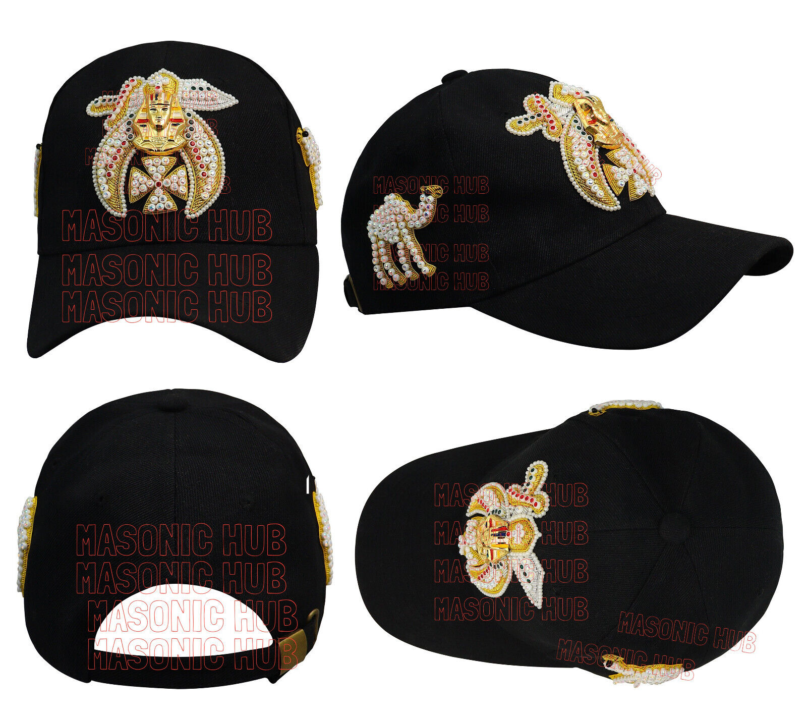 Masonic Shriner Black Cap - Handcrafted with Camel Emblem Rhinestones & Bullions