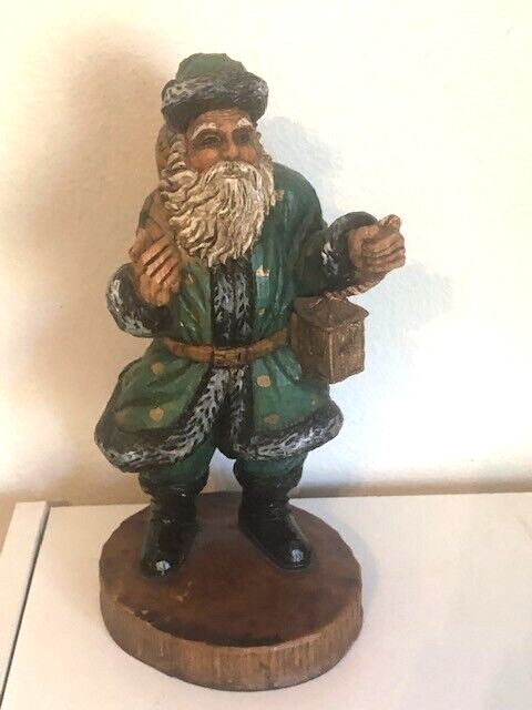 Green Santa Claus Carved Wooden Statue Vintage