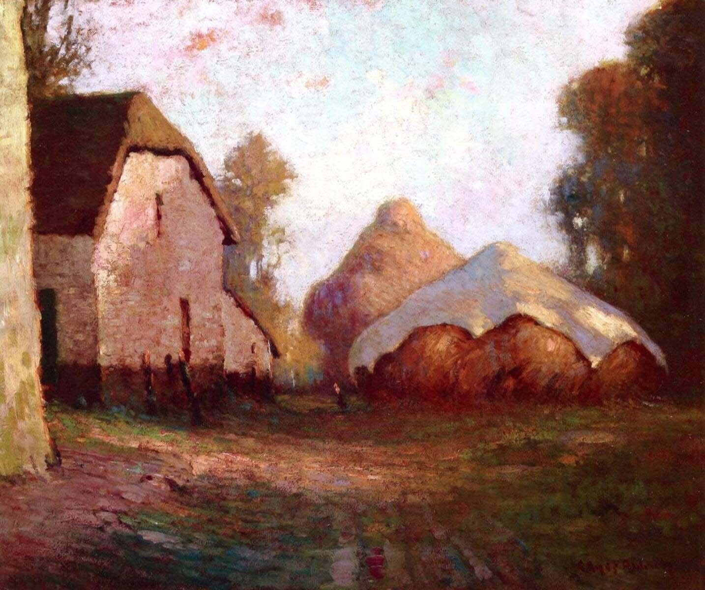 Oil painting Georges-Ames-Aldrich-Haystacks village landscape in the morning art