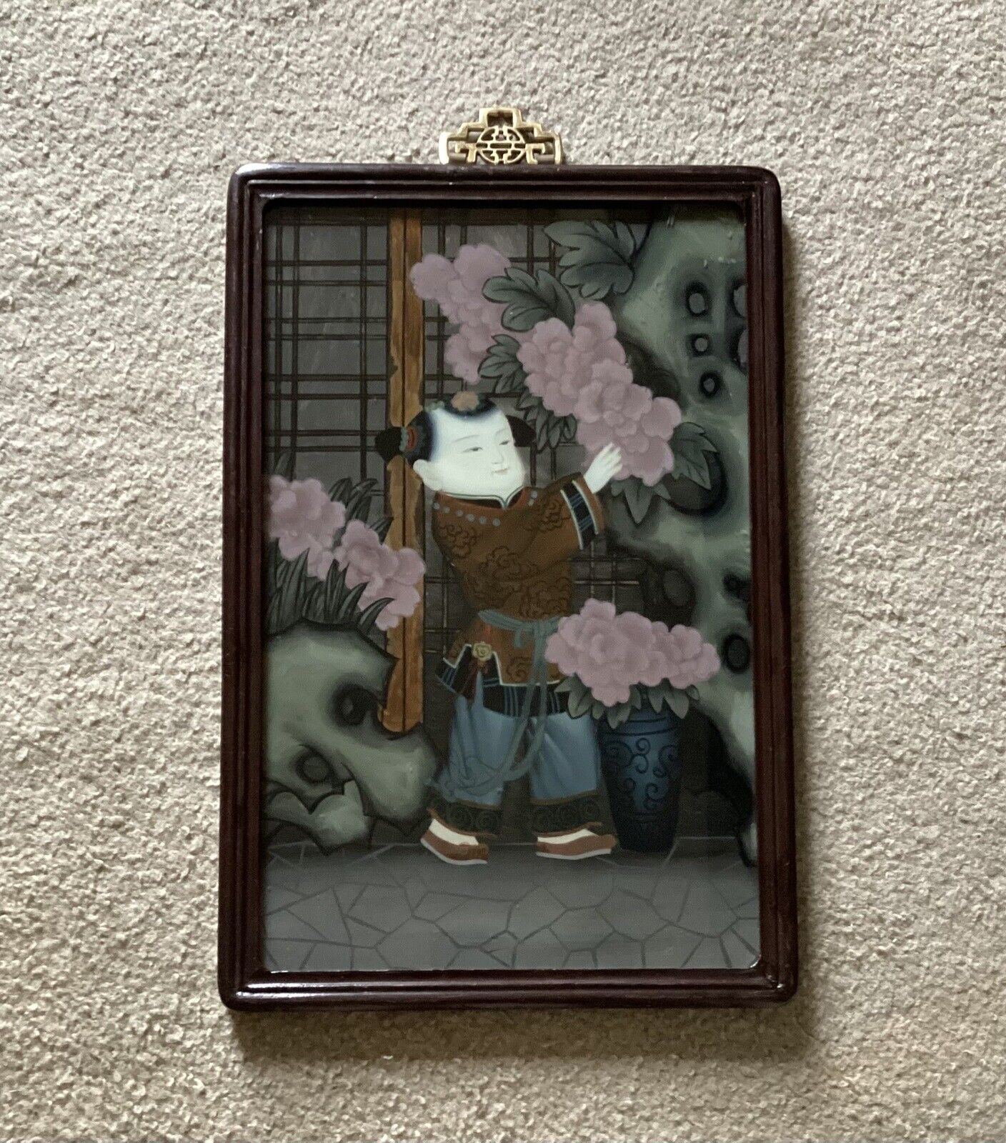 VTG/Antique R.O.C. Chinese Reverse Glass Painting, Boy With Flowers