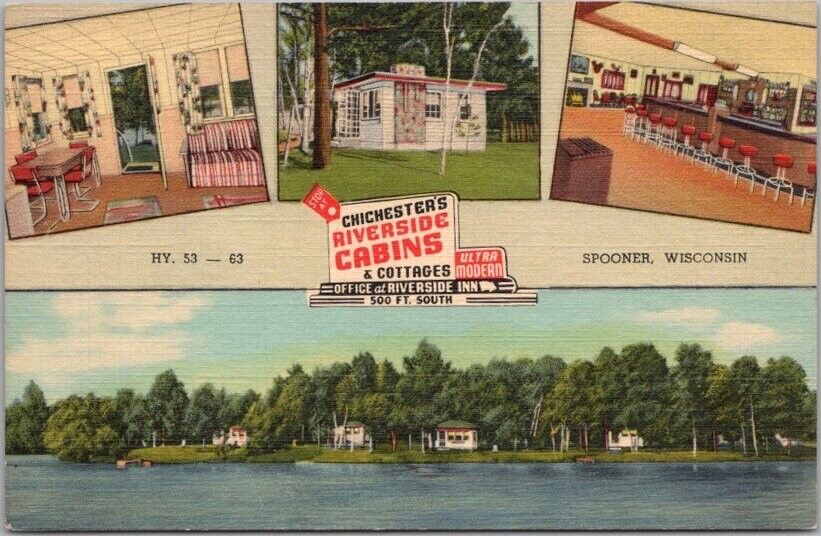 Spooner, Wisconsin Postcard CHICHESTER\'S RIVERSIDE CABINS Curteich Linen c1949
