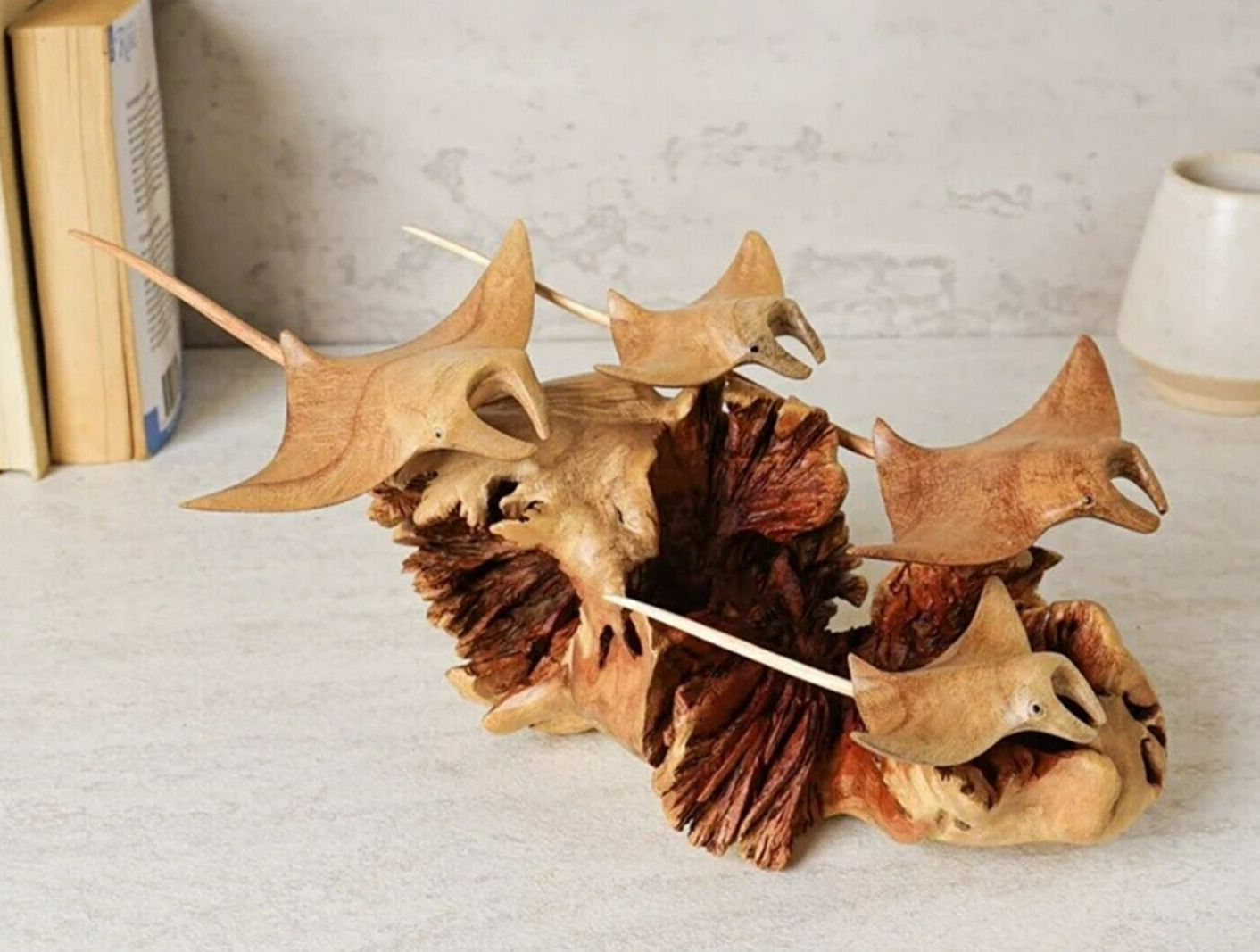Manta Ray Family Sculpture, Coral Reef, Art,  Parasite Wood Statue, Gift for Her