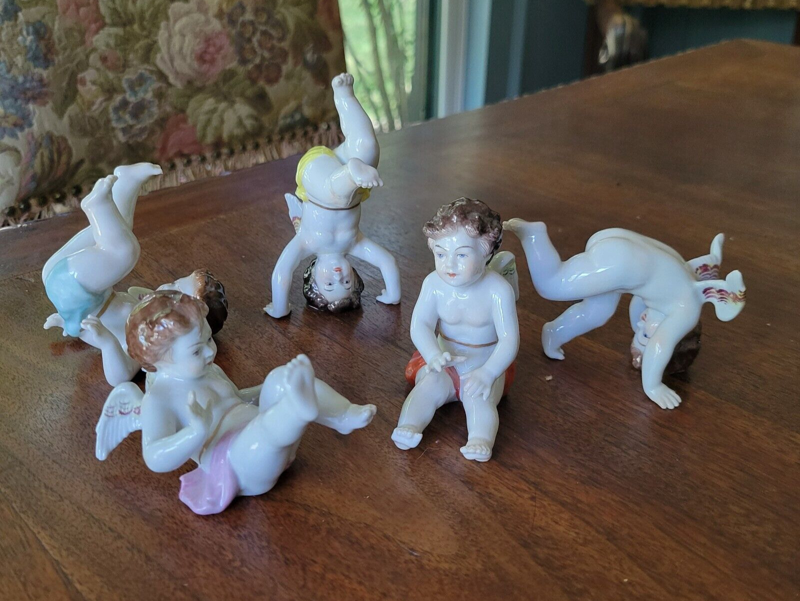 5 Volkstedt German Porcelain Winged Cherub Angel Figurines Tumbling