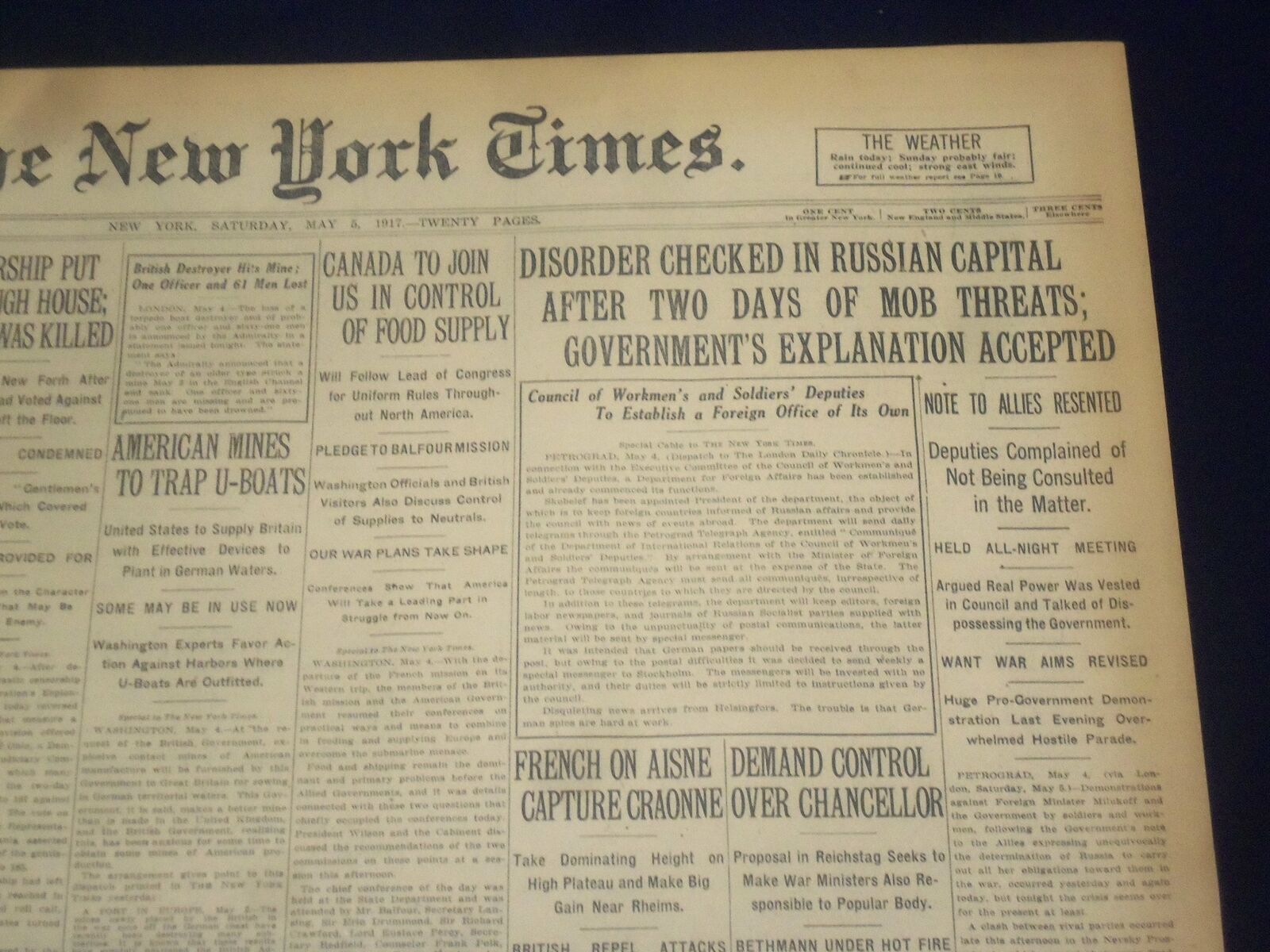 1917 MAY 5 NEW YORK TIMES - DISORDER CHECKED IN RUSSIAN CAPITAL - NT 9134