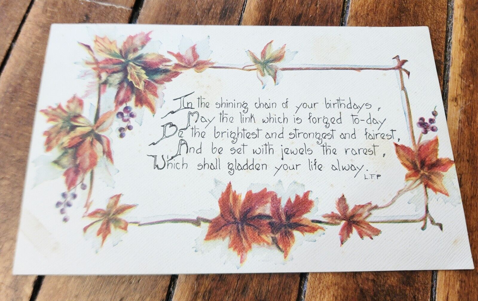 Antique Unmailed Birthday Greetings Postcard Autumn Grape Leaves