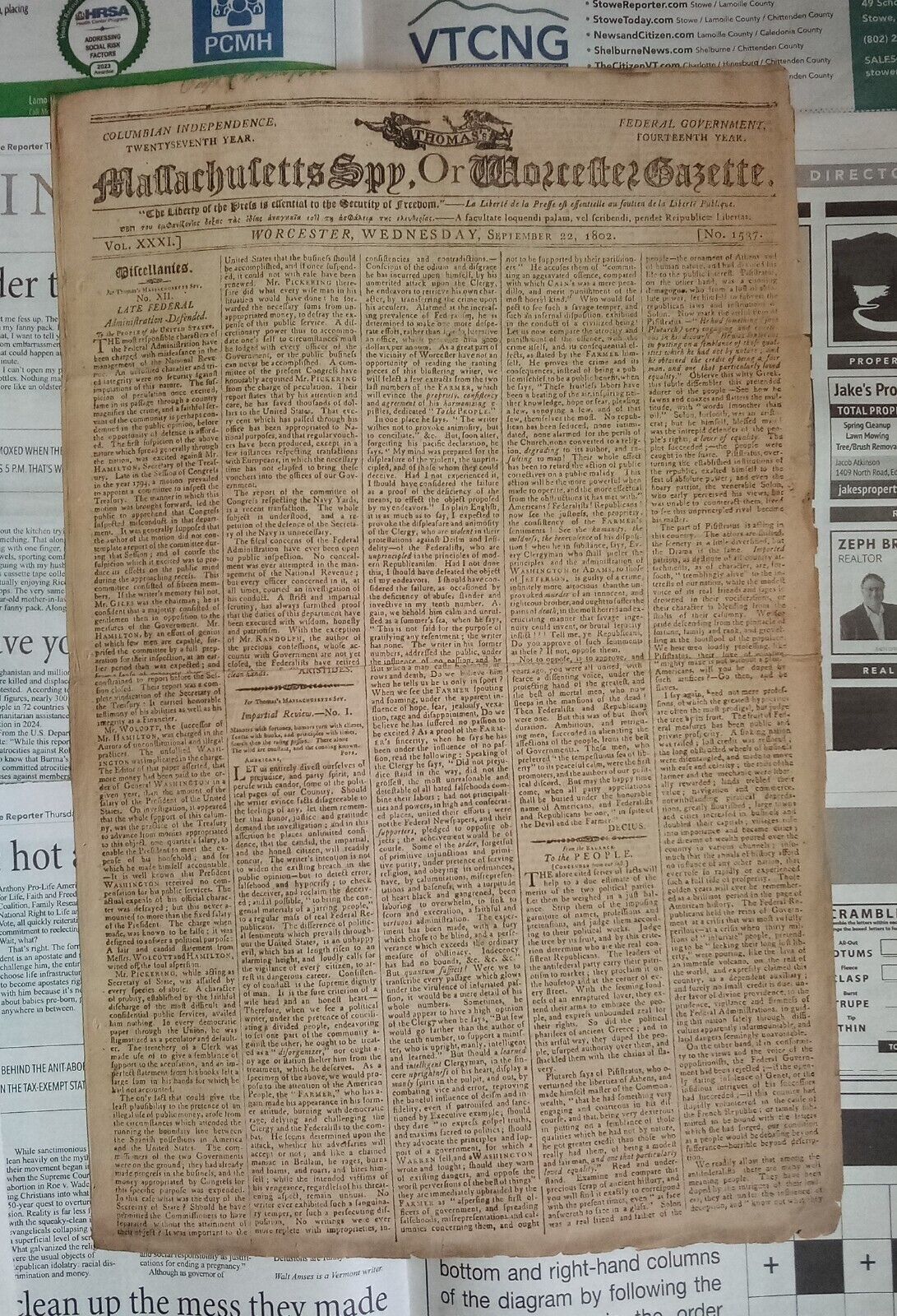 Massachusetts Spy, or Worcester Gazette - Wed Sept 22 1802 - Newspaper