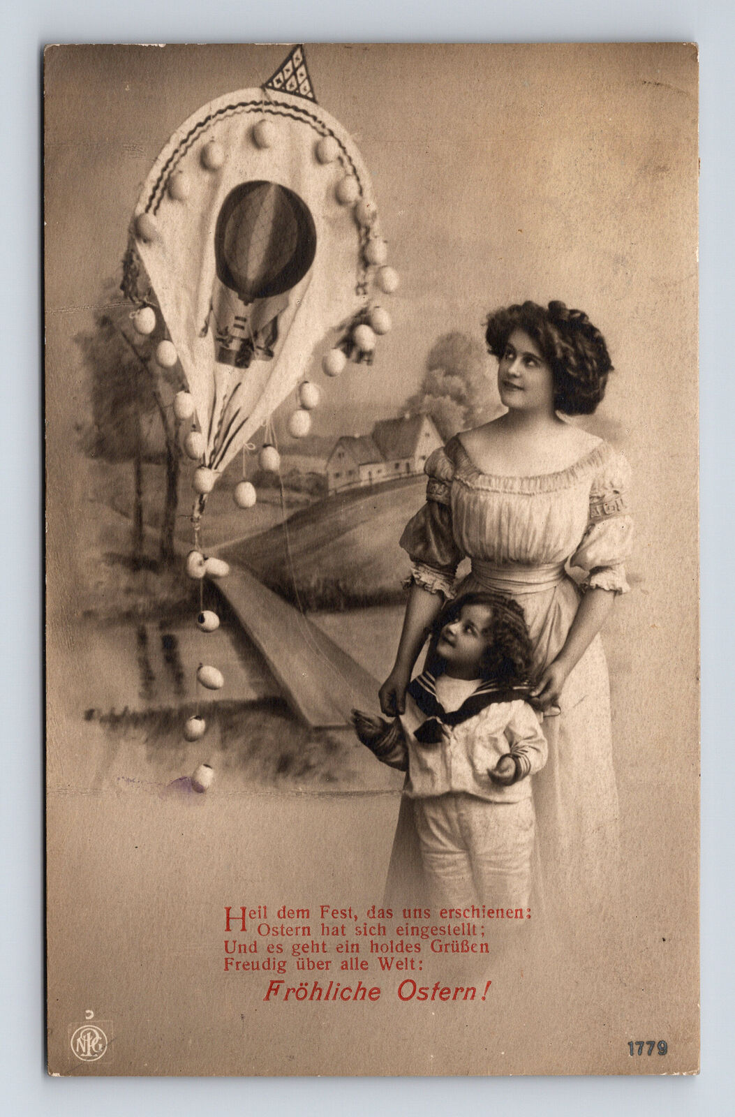 RPPC German Mother Daughter Happy Easter Balloon Real Photo Postcard