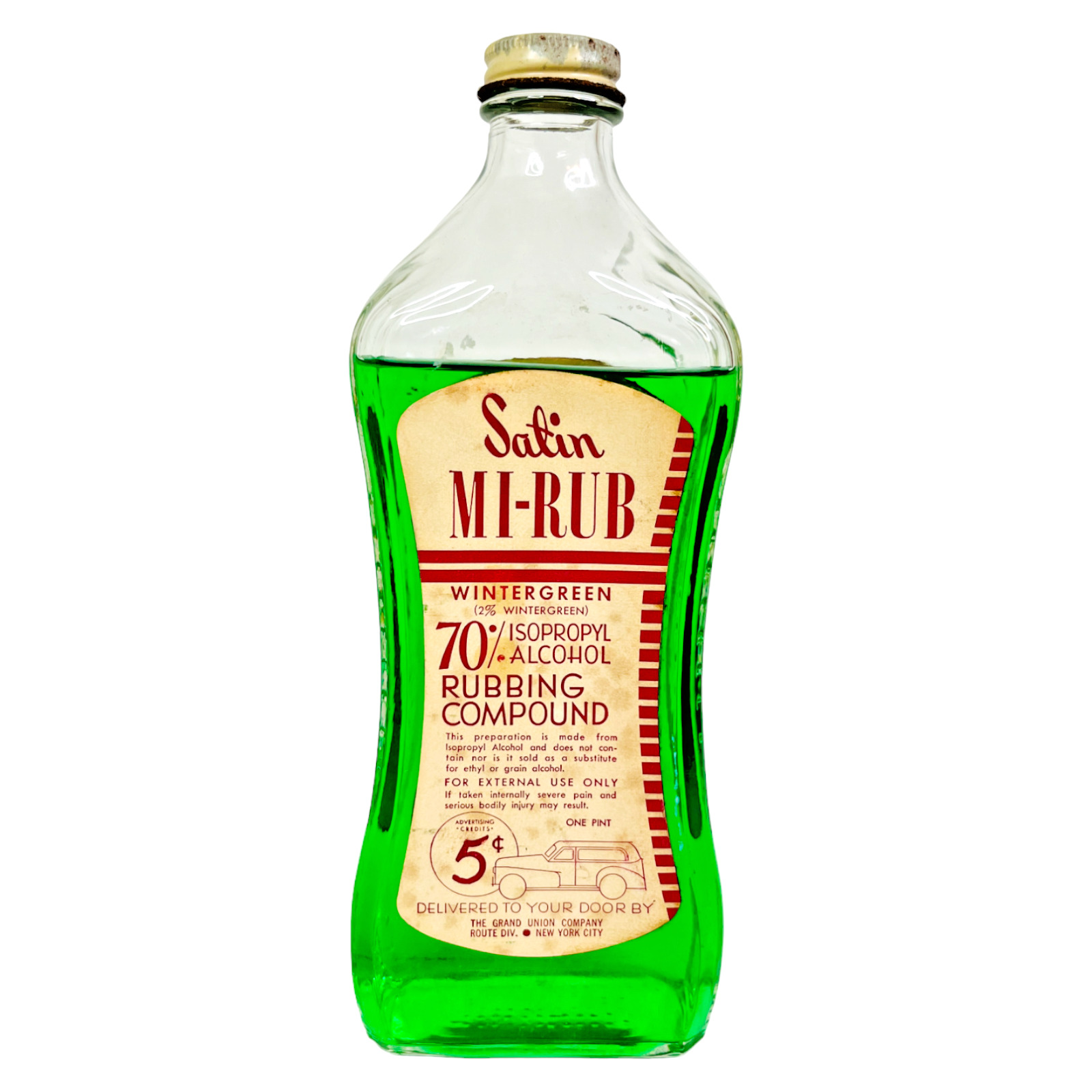 Vintage Rubbing Alcohol Glass Bottle Wintergreen Compound Satin Mi Rub 1 Pint