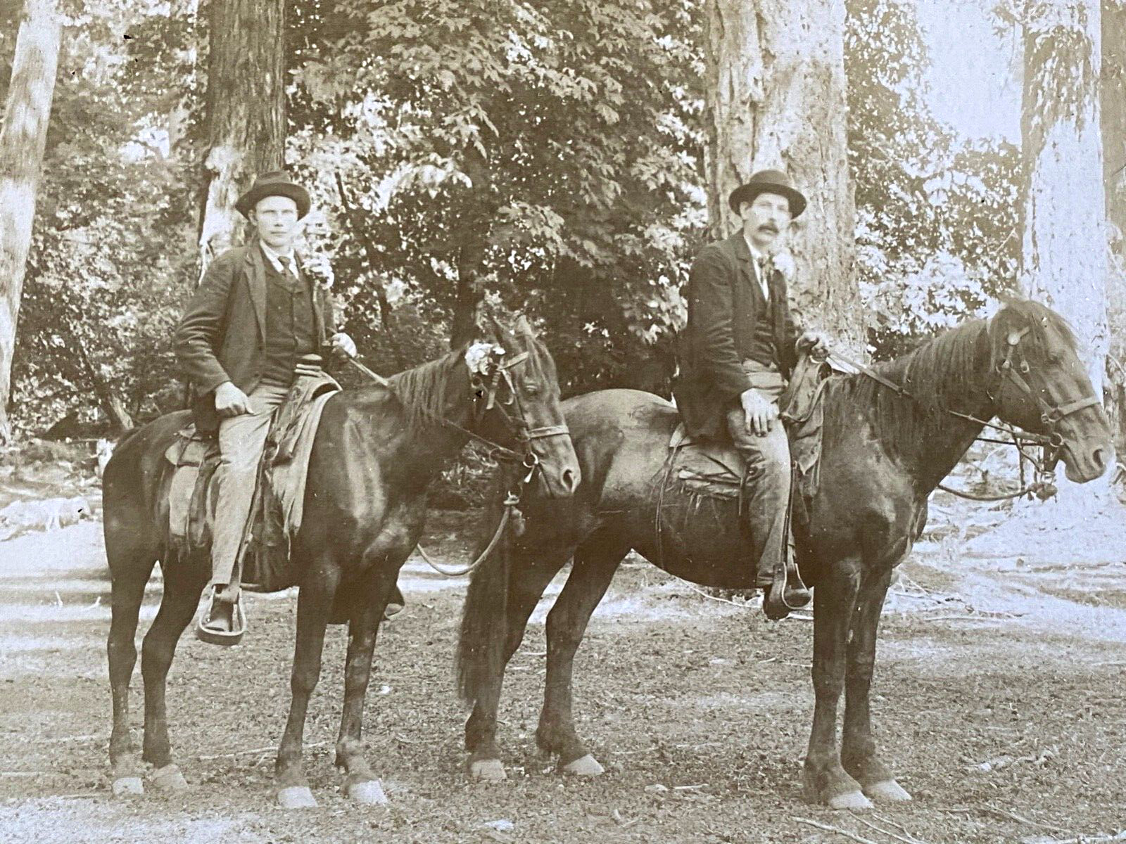 1900s PORTLAND, OREGON antique 8x10 mounted photograph TWO MEN RIDING HORSEBACK