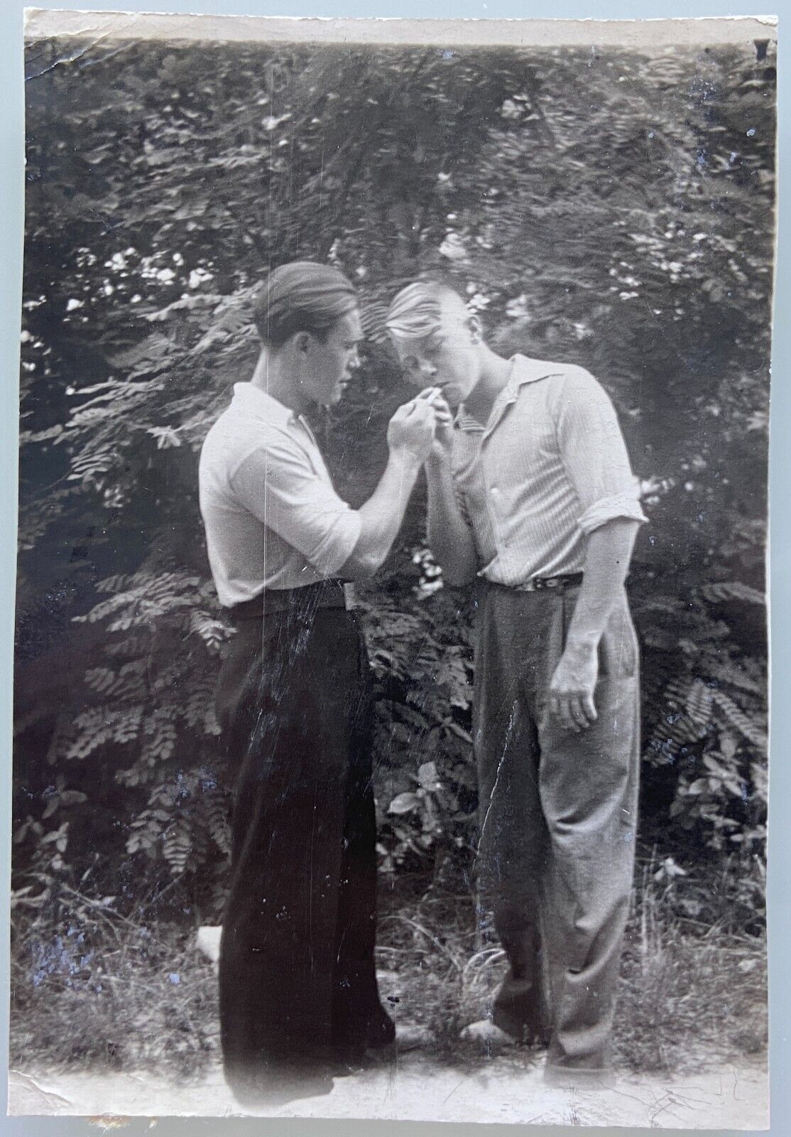 Affectionate Couple Men Smoking Handsome Young Guys Gay Interest Vintage Photo