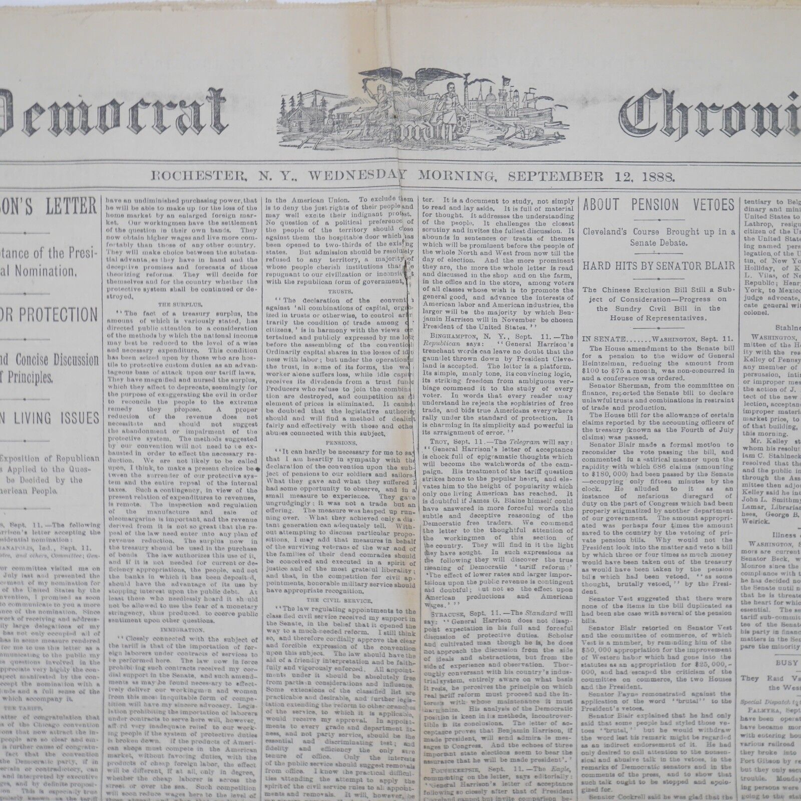 1888 Democrat Chronicle Newspaper Benjamin Harrison Grover Cleveland Campaigns