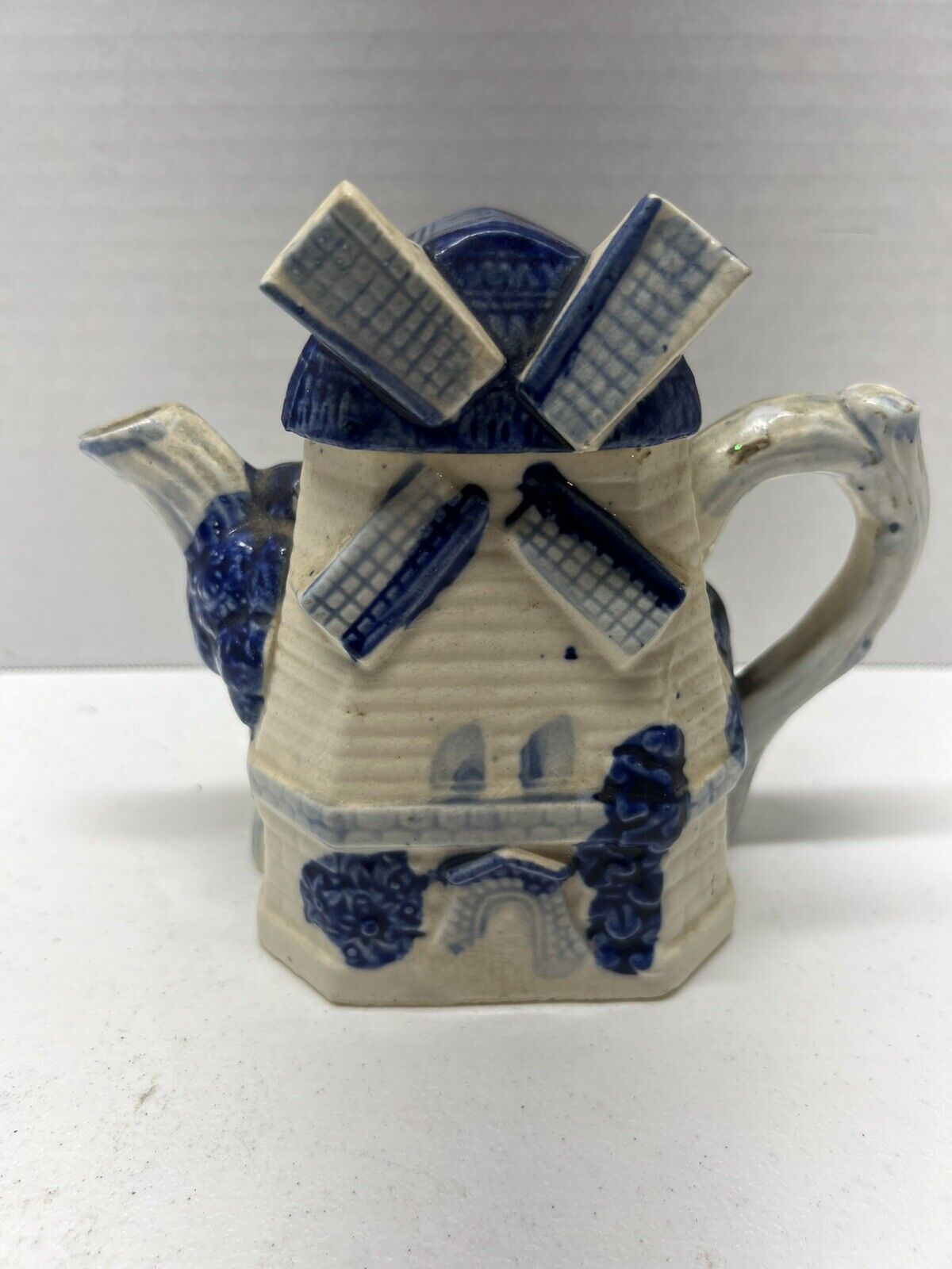 Vintage Blue & White Ceramic Dutch Windmill Teapot 1950s Made In Japan