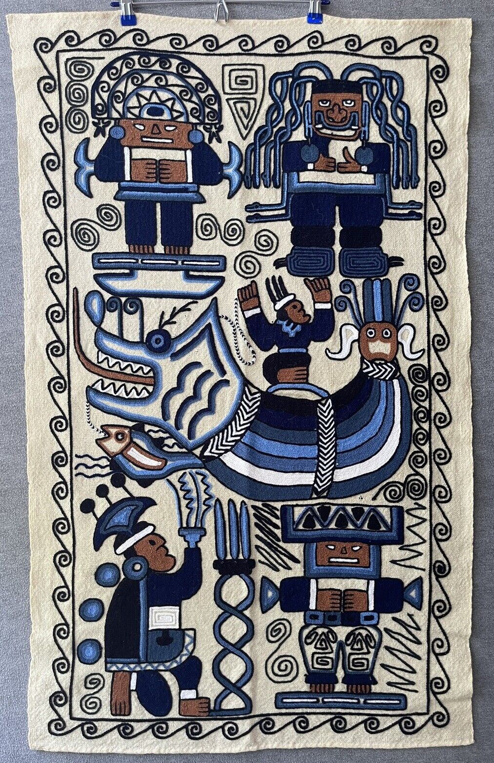 Vintage Mid Century Peruvian Incan Gods Tapestry Pachamama   Embroidered  Peru