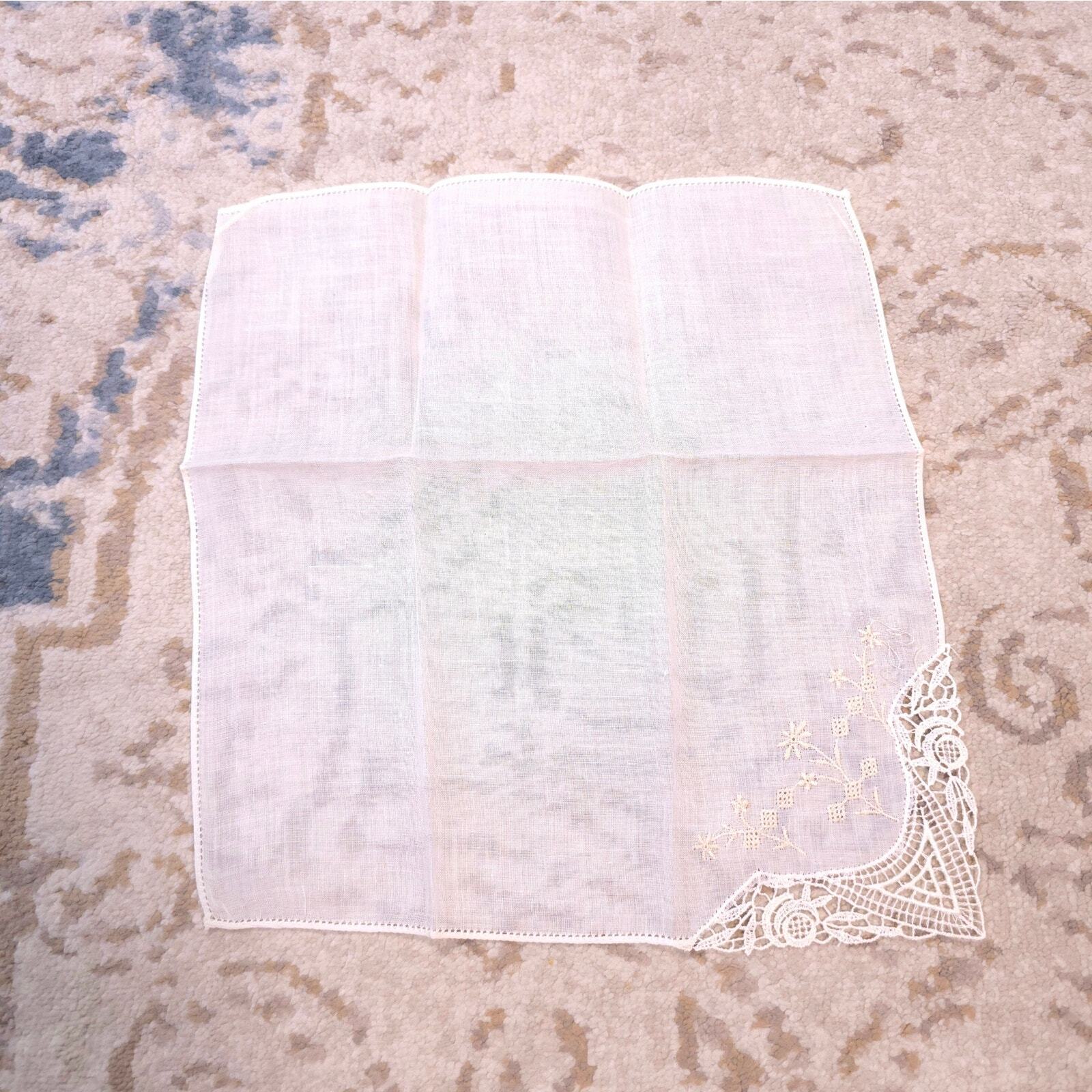 Vintage Handmade Embroidered Floral Handkerchief Ivory