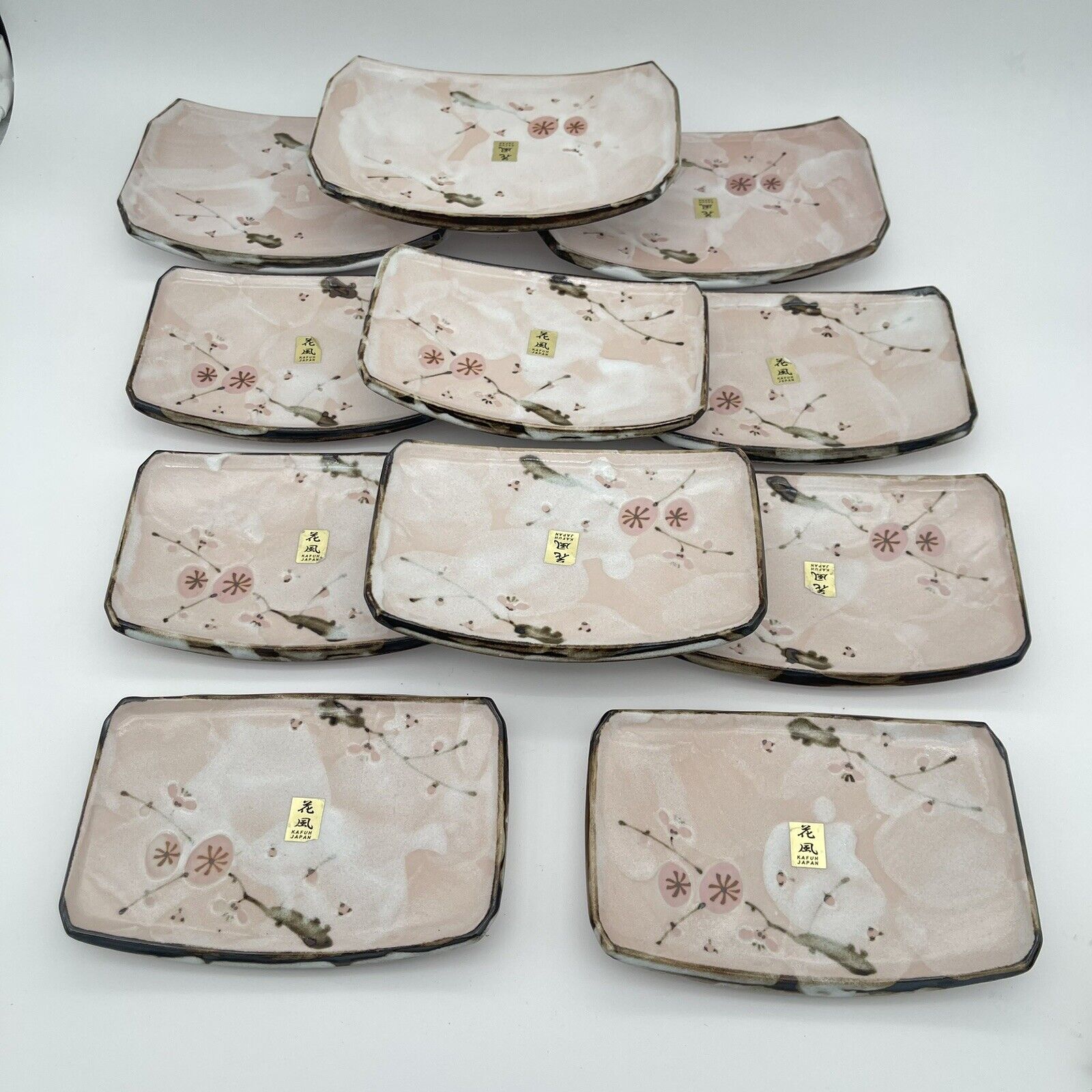 11 New Japanese Kafuh Sousaku Sushi Plates in a Pink Cherry Blossom Pattern Rare