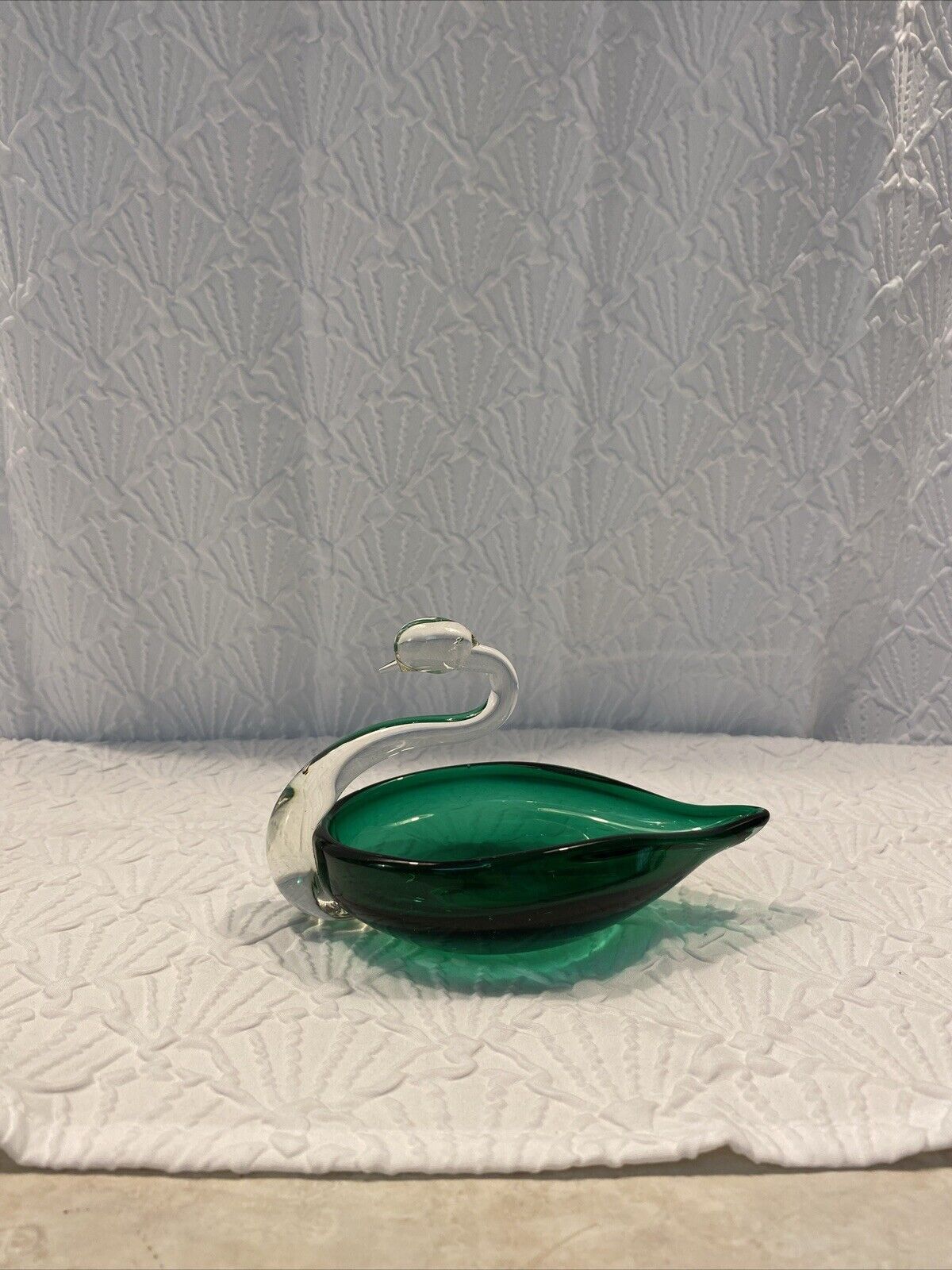 Vintage Art Glass Emerald Green And Clear Neck Swan Dish