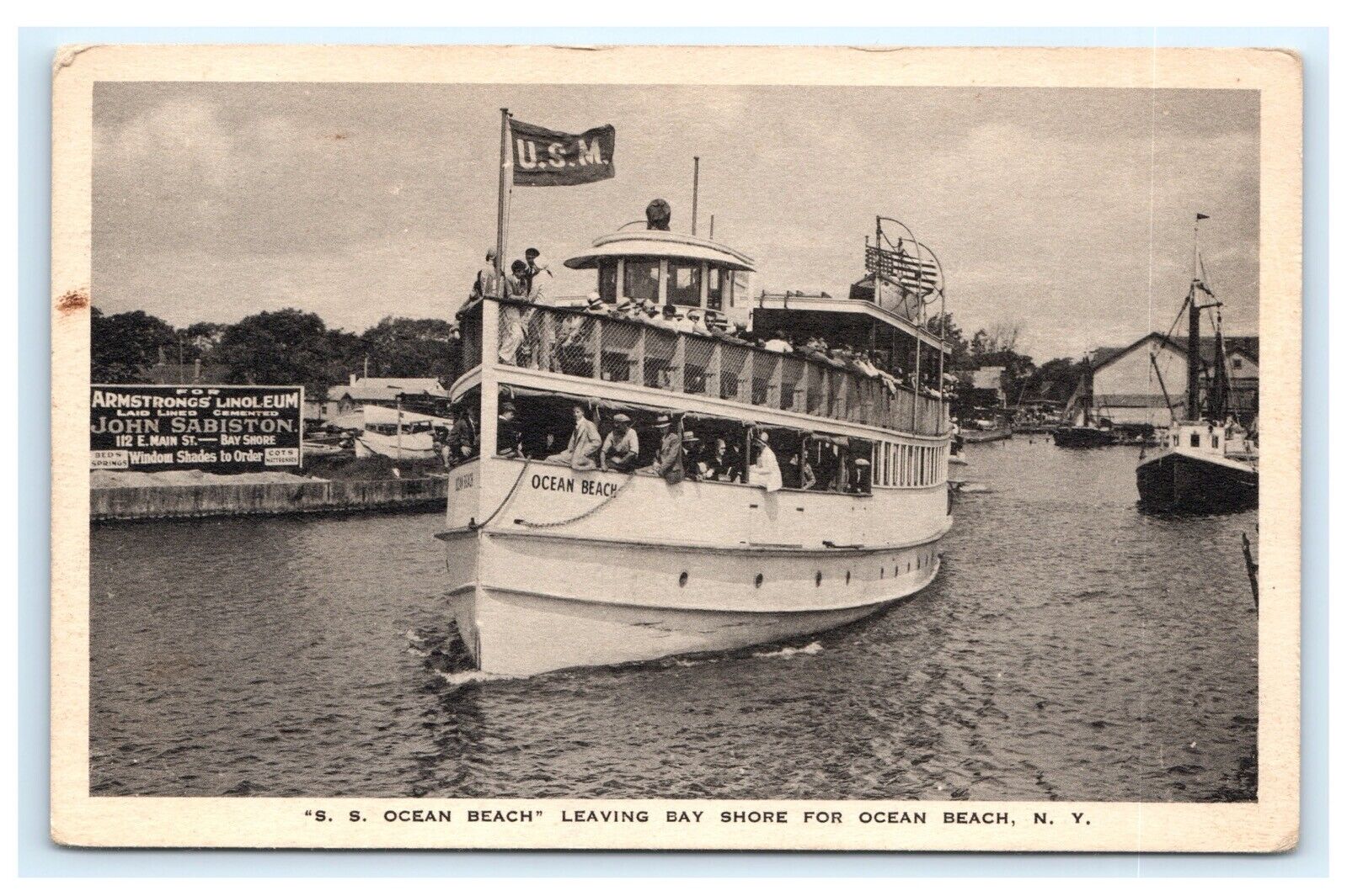 S.S. Ocean Beach Leaving Bay Shore NY Long Island Suffolk County Postcard G8