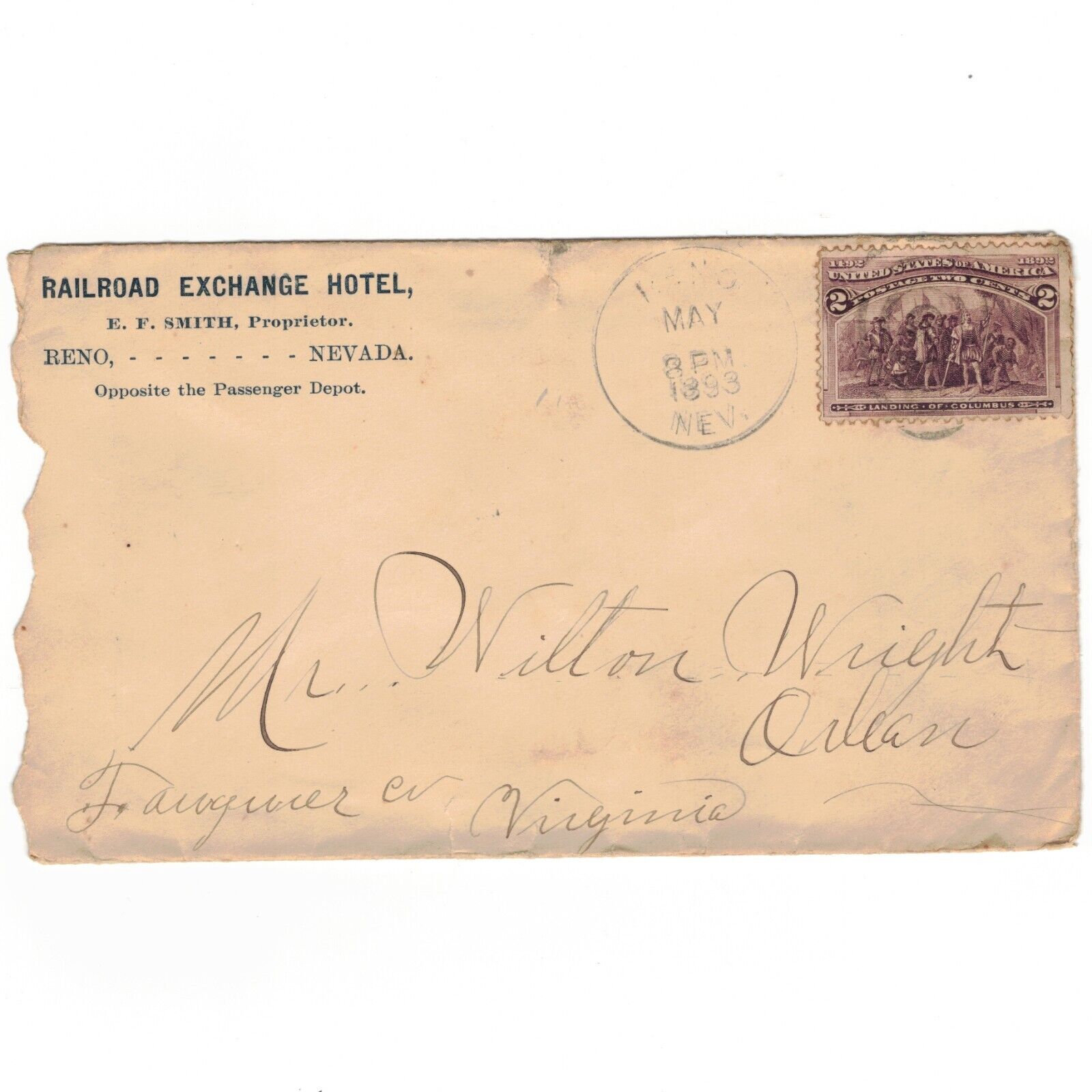 Vintage 1893 Railroad Exchange Hotel Envelope with 2¢ Stamp - Rare Collectible