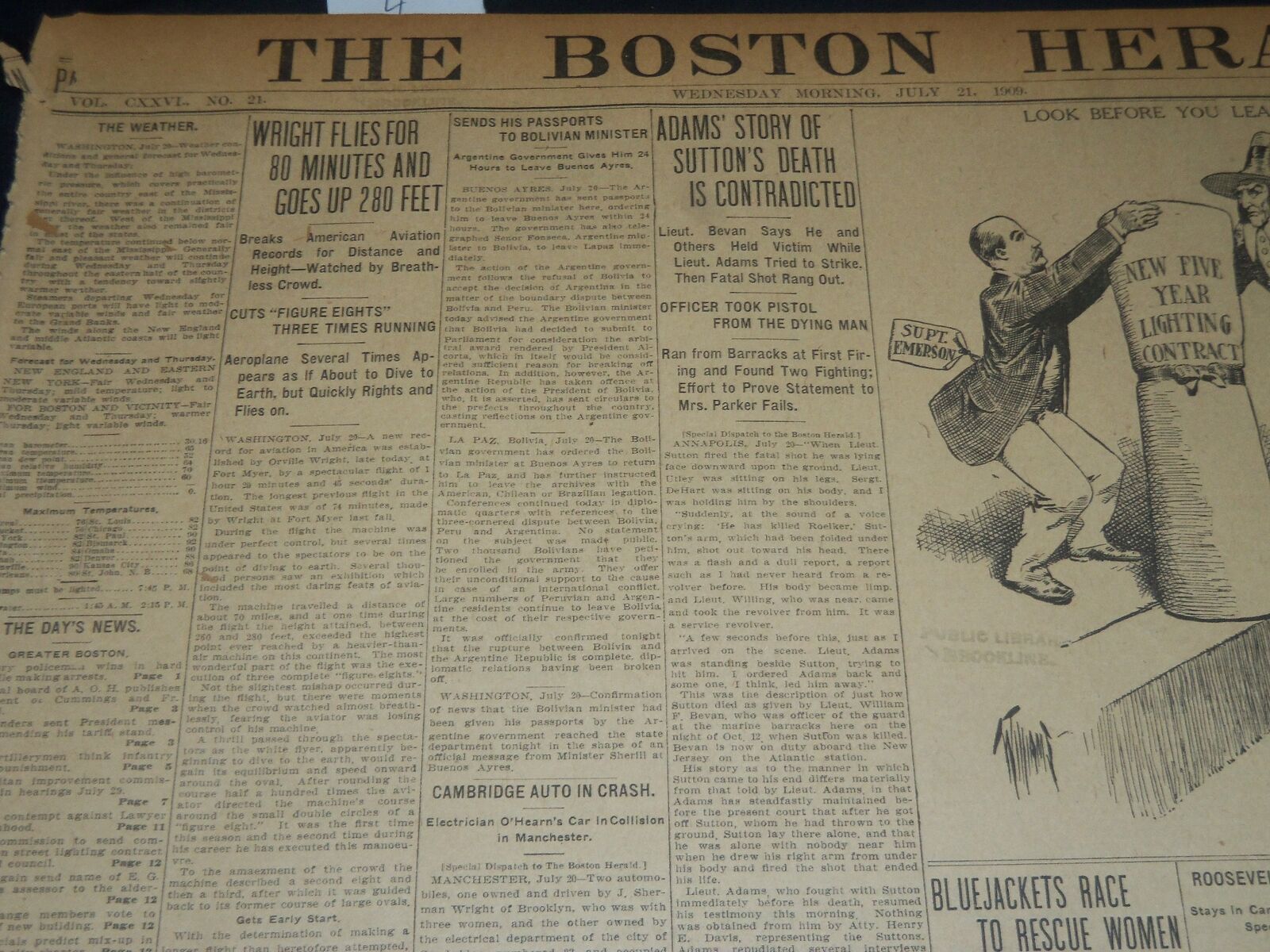 1909 JULY 21 THE BOSTON HERALD - WRIGHT FLIES FOR 80 MIN, UP 280 FEET - BH 213
