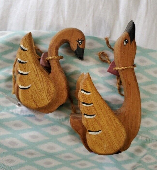 Wooden Hand Carved, Beautifully Hand Painted Swans. Miniature 5.25 & 4in Tall
