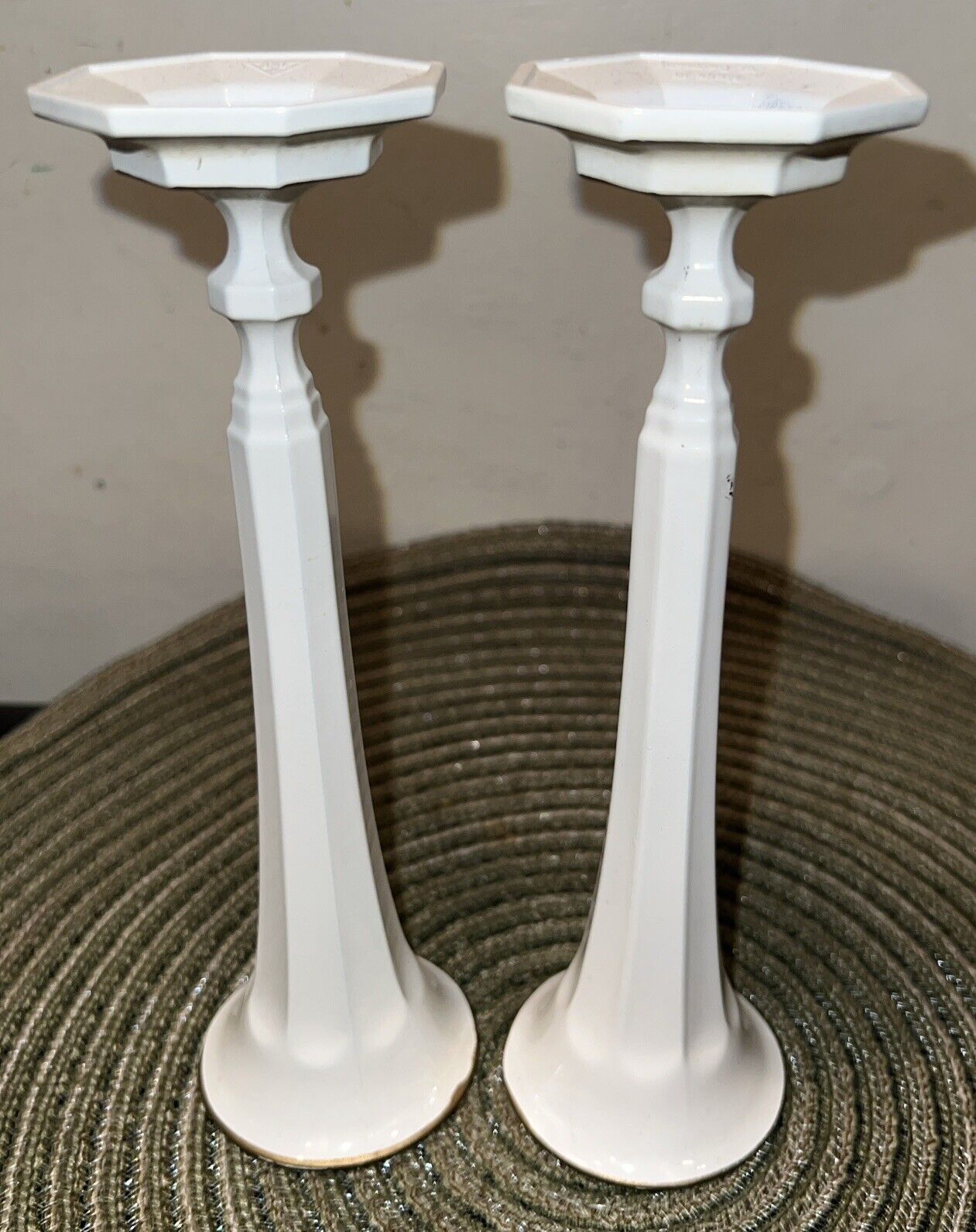 Pair 2 BMF Metal Probably Pewter White Candlesticks From W. Germany, Decades Old