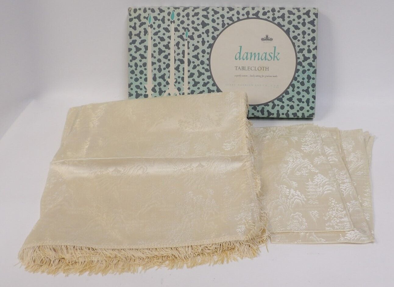 Vintage Ivory Damask Fringed Tablecloth with 6 Napkins - Unused in Box