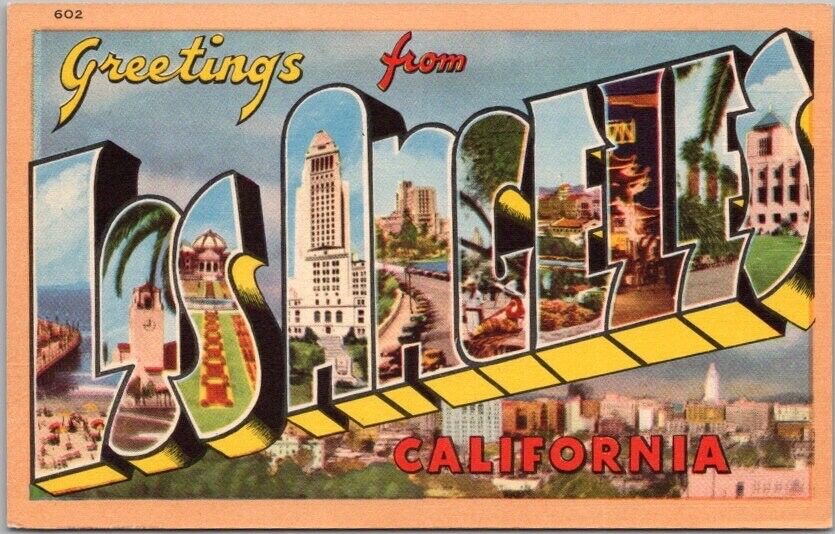 LOS ANGELES, California Large Letter Postcard Skyline View Longshaw Linen c1940s