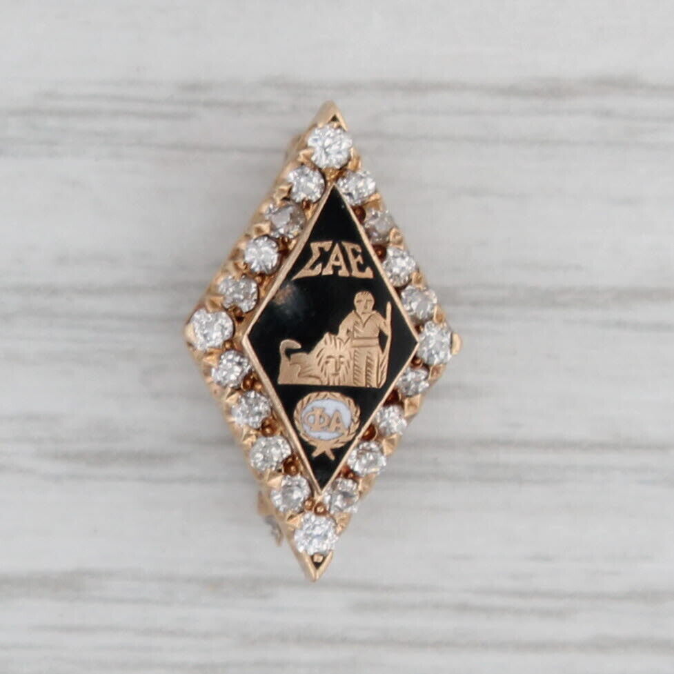 Sigma Alpha Epsilon Badge 14k Gold Diamond 1900 Antique Greek Fraternity Pin