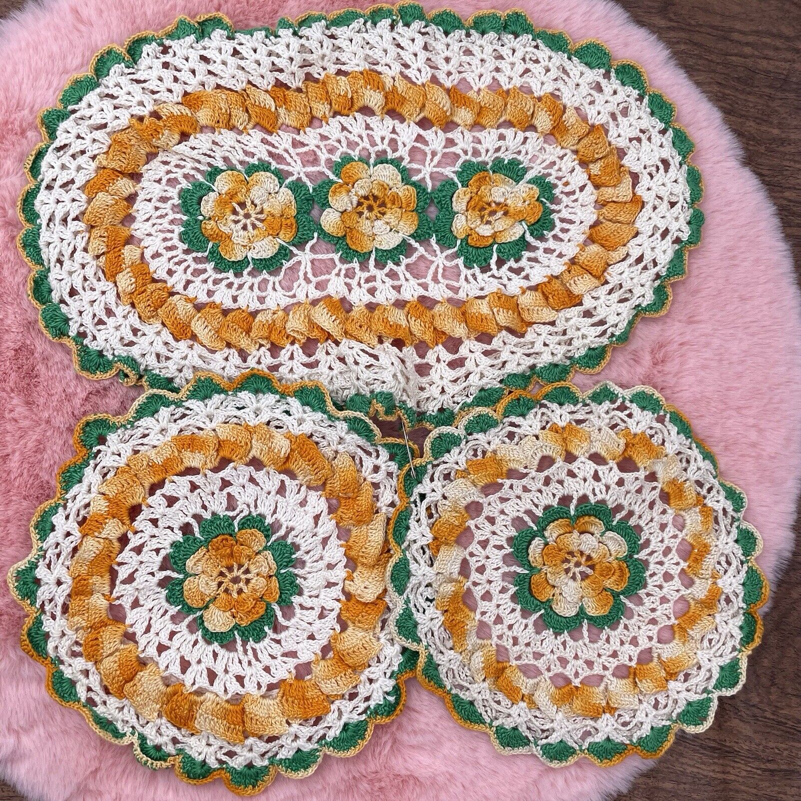 Doiles Vintage 3 Hand Crocheted One Large Oval Two Small Rounds Green Orange Wht
