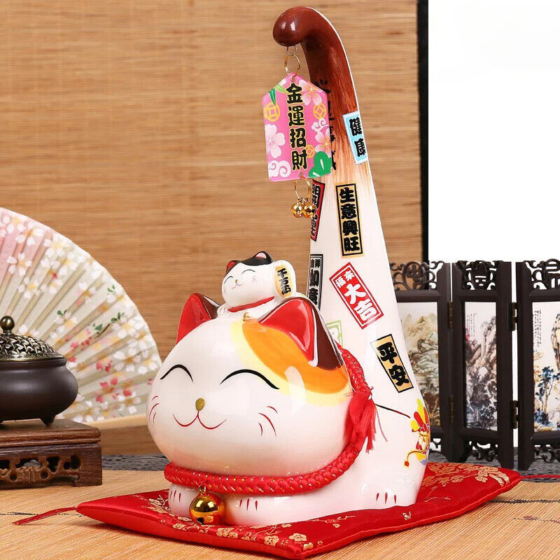 1pc Japanese Style Maneki Neko Ceramic Lucky Cat with Long Tail Fortune Cat Feng