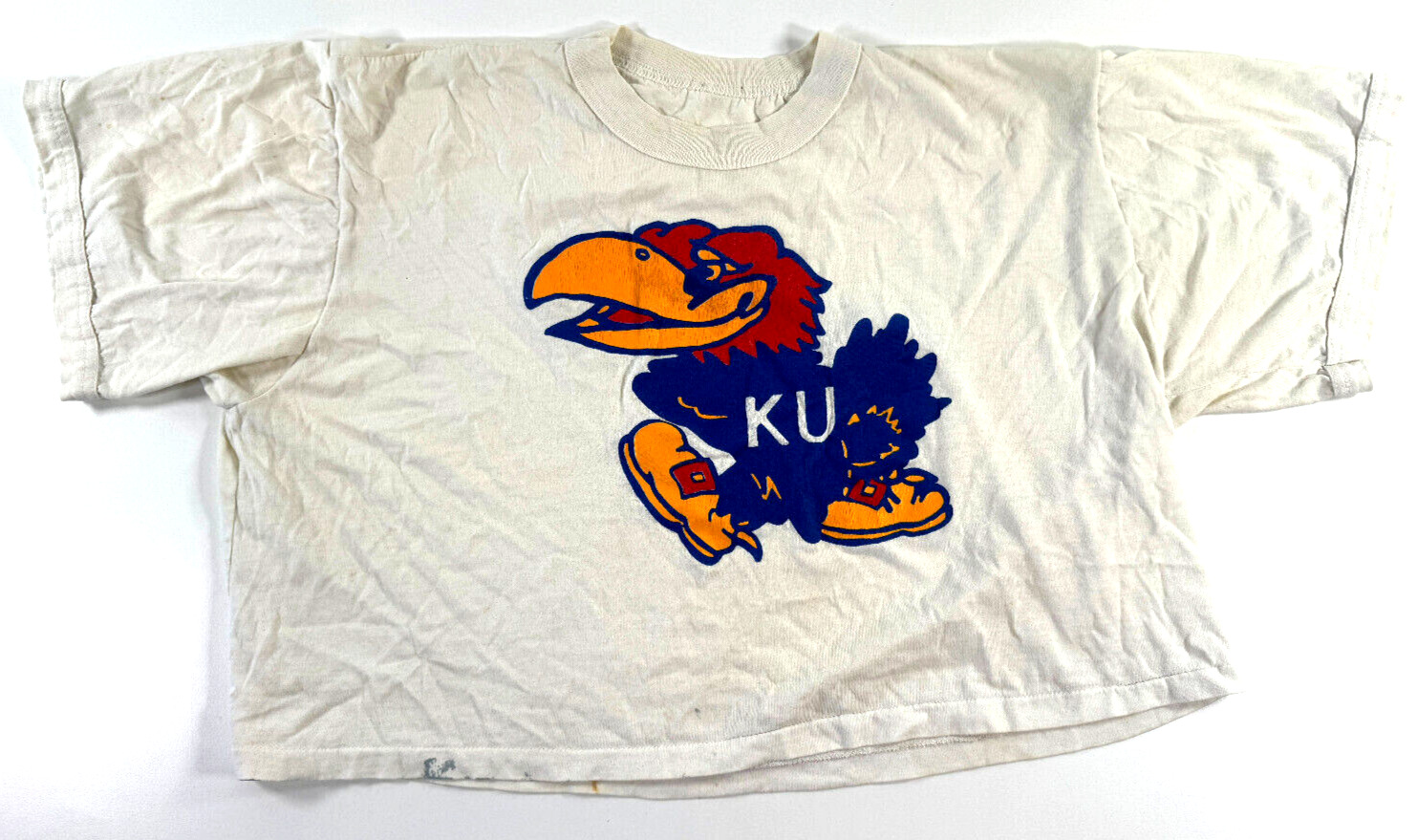 vtg KU University of Kansas Jayhawk T-Shirt 1980s CROPTOP Wm MED lrg