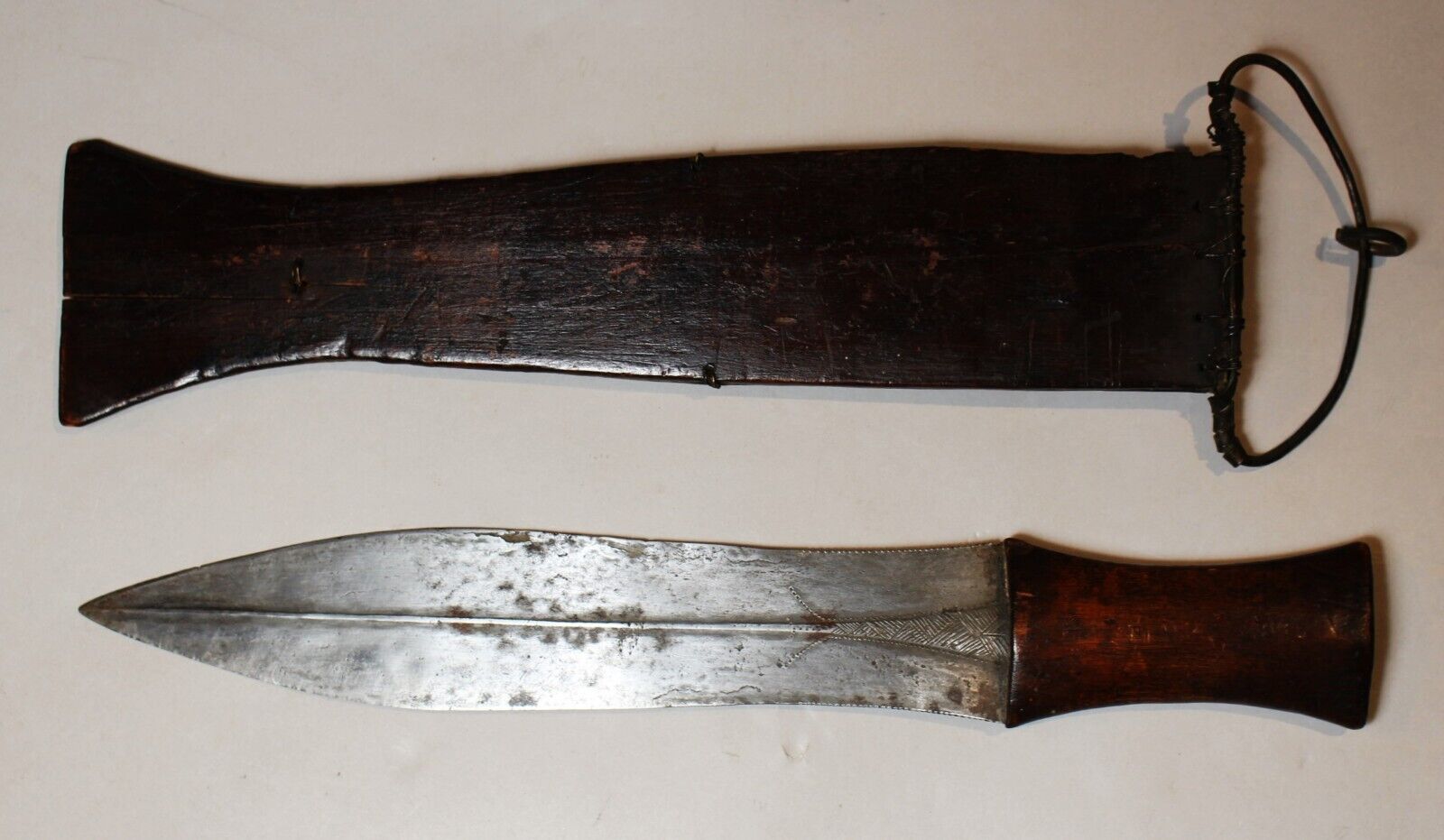 Antique West African Engraved  Kuba Congo Knife with Wooden Sheath c. 1940