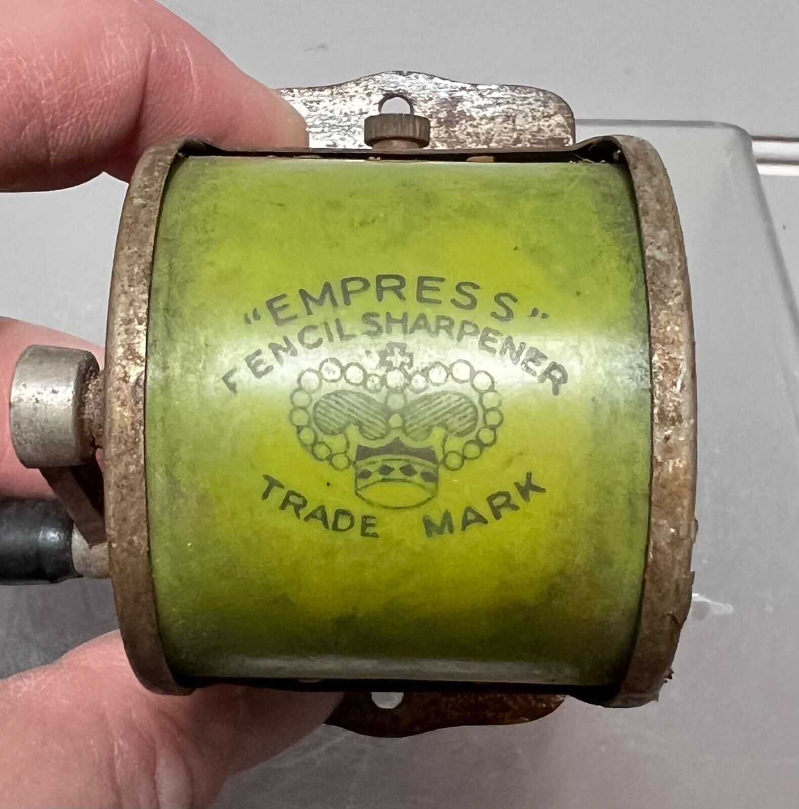 Vintage Empress Brand Pencil Sharpener - Green Celluloid & Metal - Japan