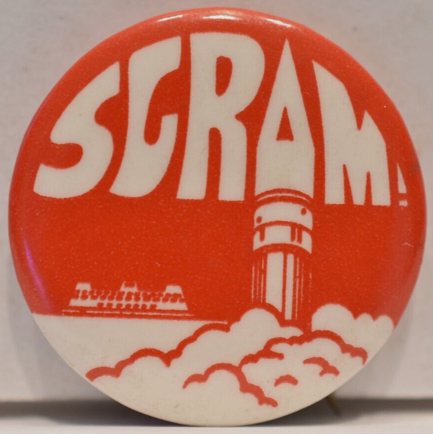 1970s Scram Nuclear Reactor Emergency Shutdown Bomb Weapons Anti-War Protest Pin
