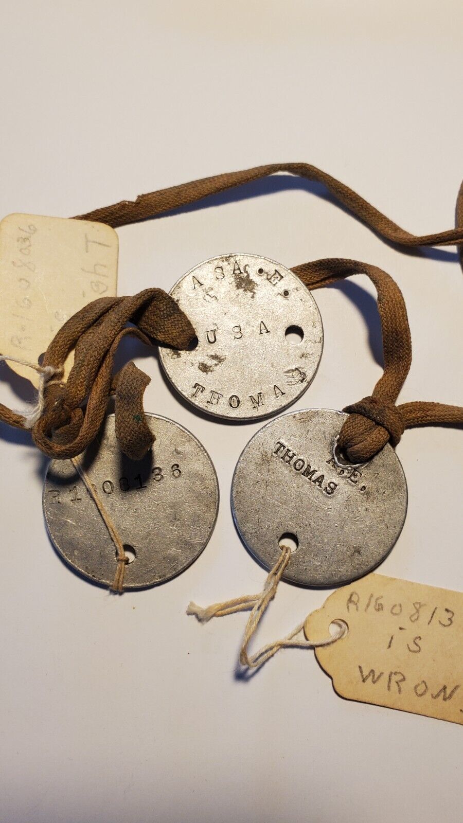 Authentic WWI US ARMY Dog Tags Asa E Thomas Original Rope Wrong ID Error Notes
