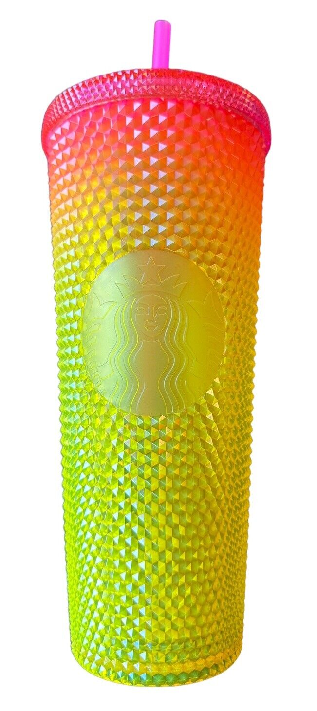 New Starbucks 2022 Mango Sunset Bling Studded Tumbler 24oz Pink Yellow Cold Cup