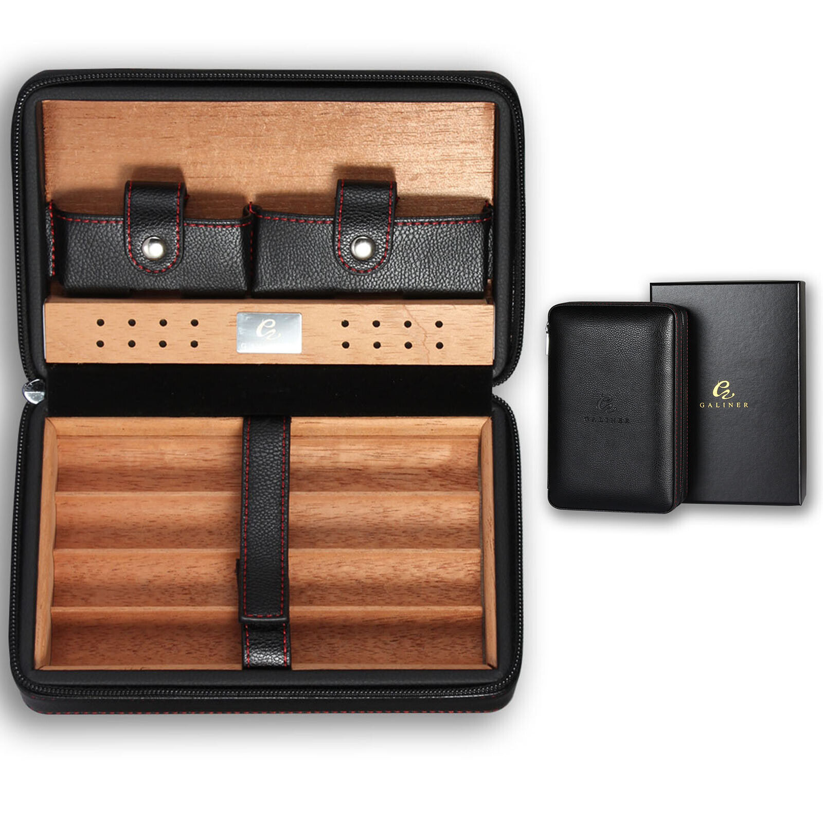 Galiner Cedar Wood Cigar Humidor Case 4 Slot Cigarette Holder Leather Gift Box