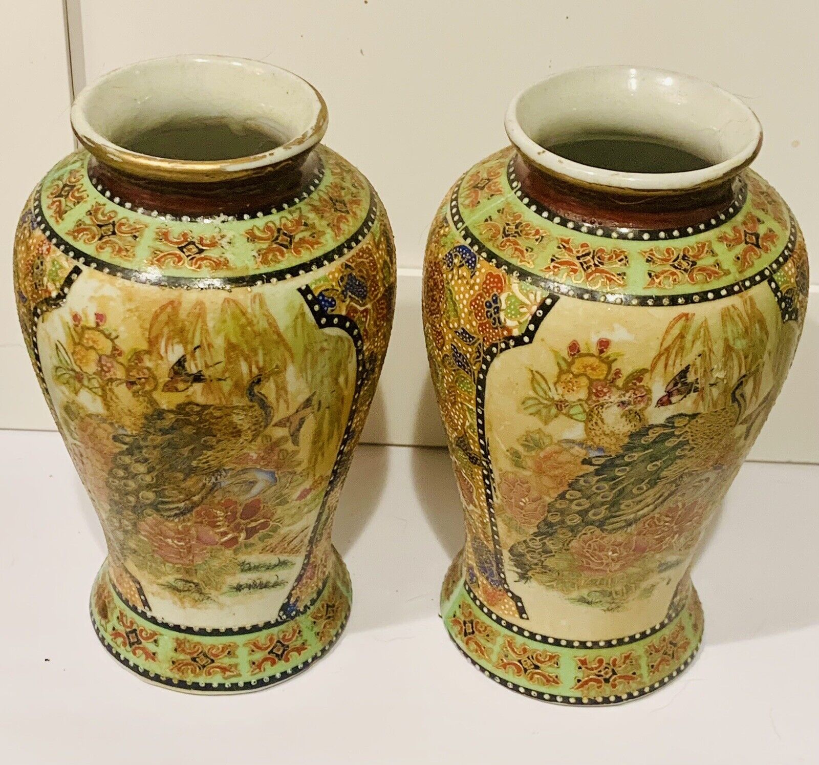 2 Vintage Satsuma Peacock Moriage Handpainted Porcelain Vase Japan Gold Trim