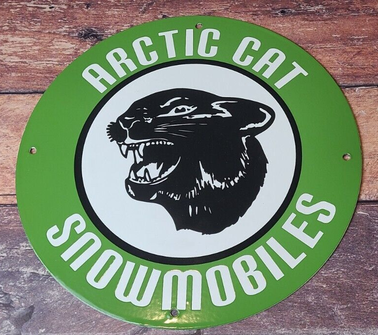 VINTAGE ARCTIC CAT SNOWMOBILES PORCELAIN ALL TERRAIN SNOW GAS SERVICE PUMP SIGN