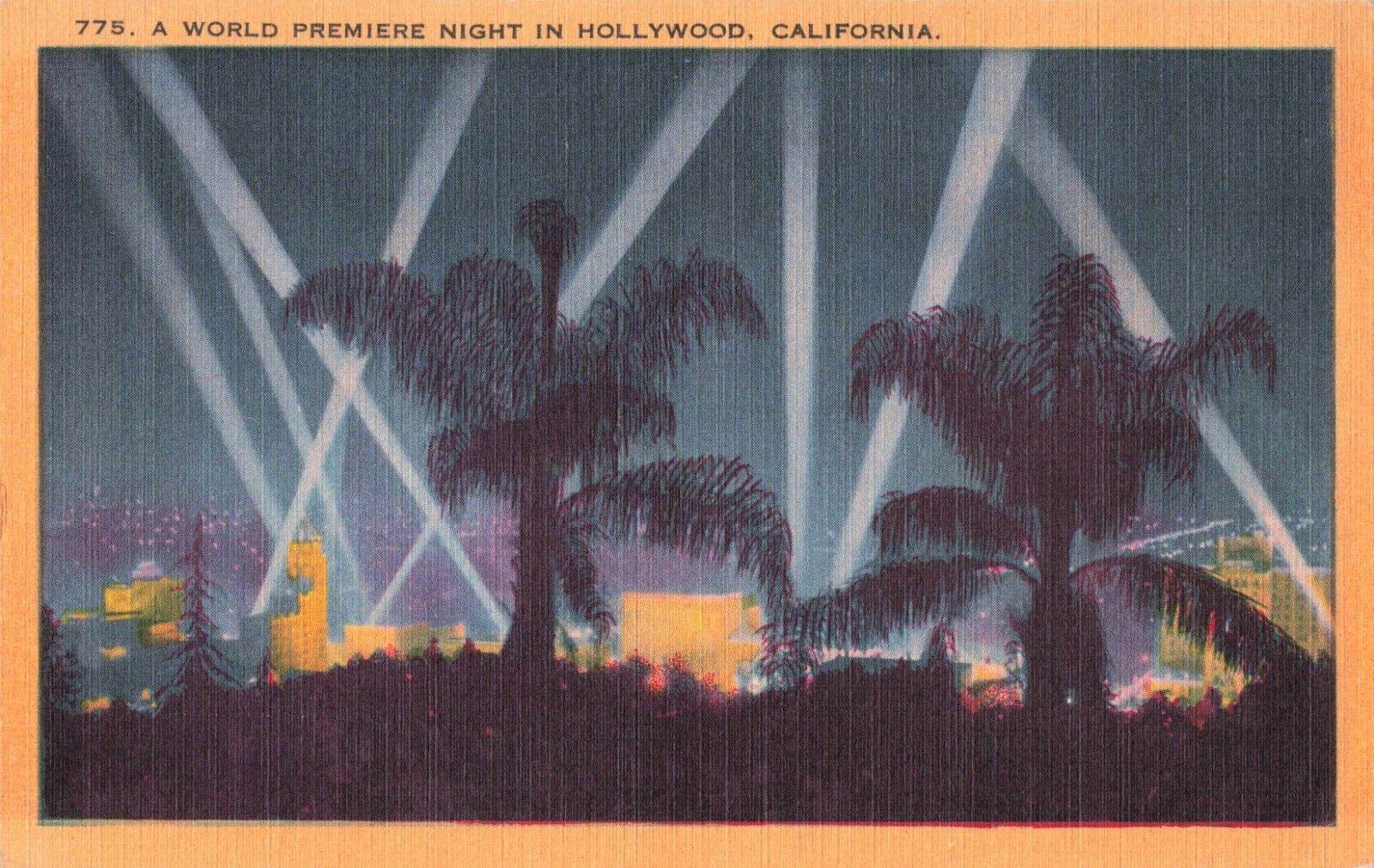 Hollywood CA, World Premiere Night, Flood Lights Palm Silhouettes, VTG Postcard