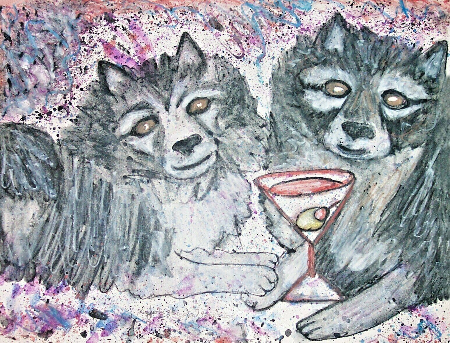 Keeshond Collectible 11x14 Art Print Drinking Martinis by Artist KSams