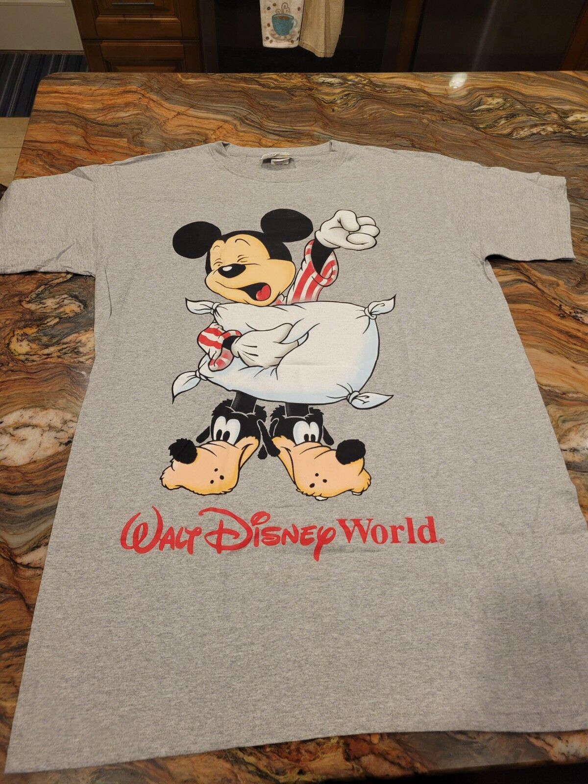 VTG Disney World Mickey Wearing Goofy Slippers Gray Sleep Shirt Made In USA NWT