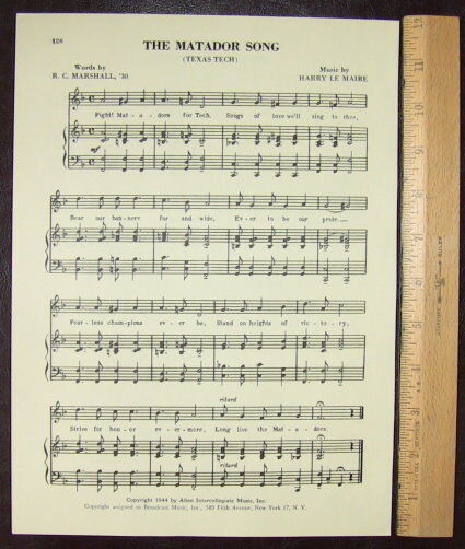 TEXAS TECH UNIVERSITY Vintage Song Sheet c 1953 