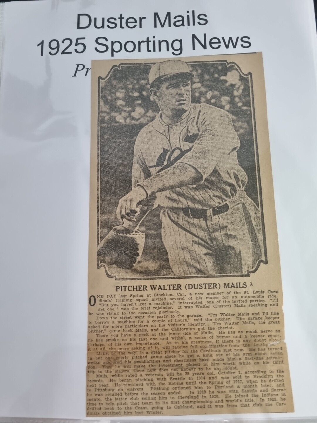 Duster Mails 1925 Sporting News Vintage Baseball Newspaper Clip