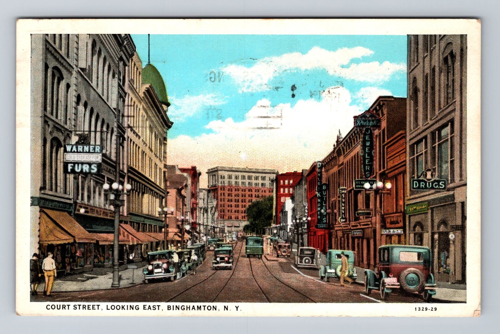 Binghamton NY-New York, Court Street, Drugstore, Jeweler Vintage c1936 Postcard