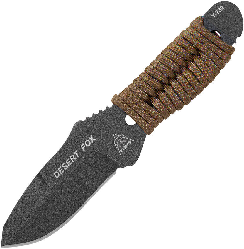 TOPS Desert Fox One Piece Fixed Blade Tan Paracord Wrapped Handle Knife DFOX01